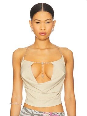 Beige Cutout Chain-Detail Crop Top